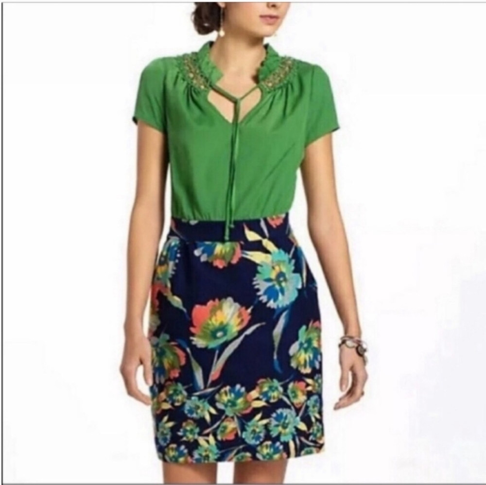 Anthropologie Green and Blue Floral Dress